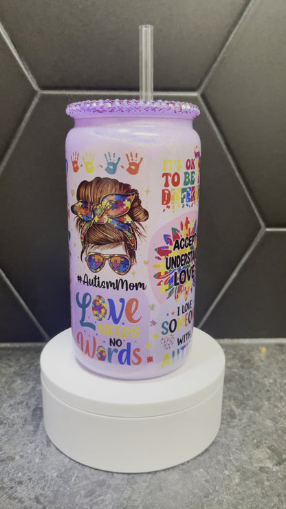 Autism Mom Shimmering Bling Glass Cup